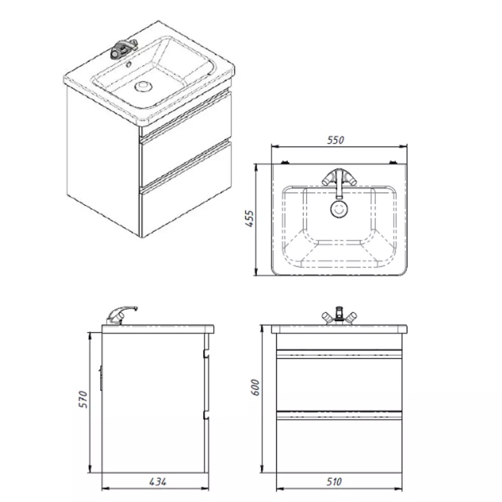 Тумба Devit Frame 753055W 55 см с раковиной и сифоном, белая глянцевая