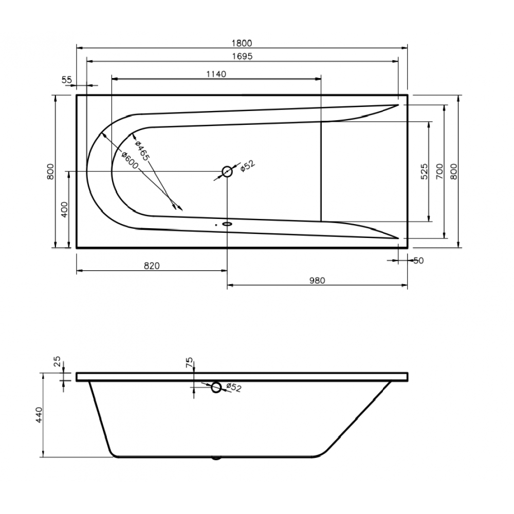 Ванна акриловая VAYER Boomerang 180x80 см усиленный борт, с ножками WBW001