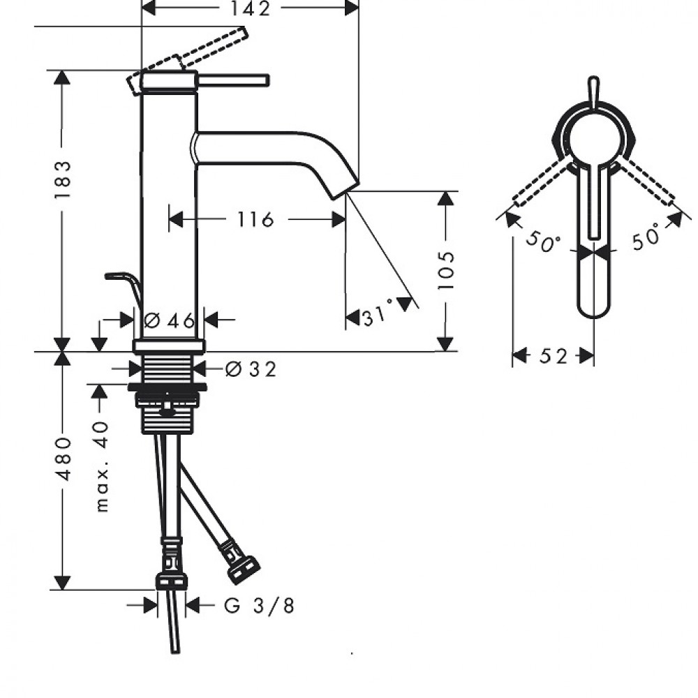 Смеситель для раковины Hansgrohe Tecturis S 73310140 с донным клапаном, бронза