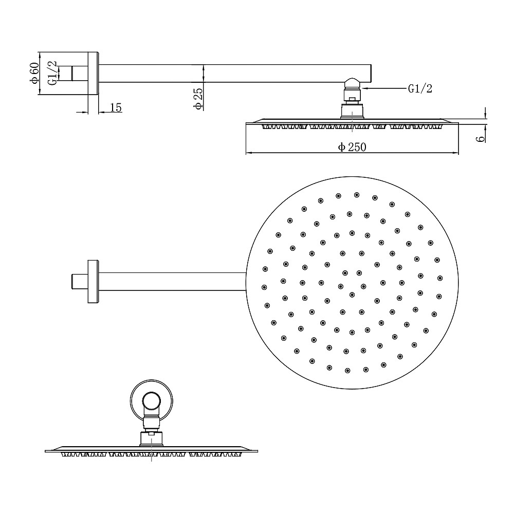 Верхняя душевая лейка Devit Flow D113000000110C-1, d=250 мм с кронштейном, хром