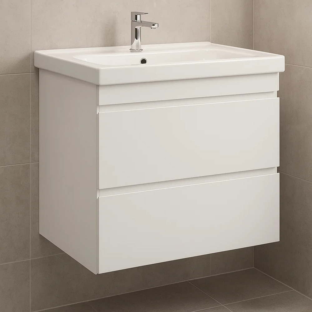 Тумба Devit Frame 753080W 80 см с раковиной и сифоном, белая глянцевая