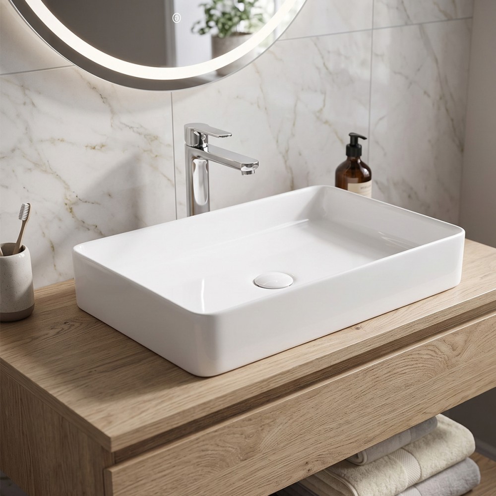Раковина прямоугольная Devit Flow square DFL2174100W 600?405?110 мм для установки на столешницу, без перелива, белая