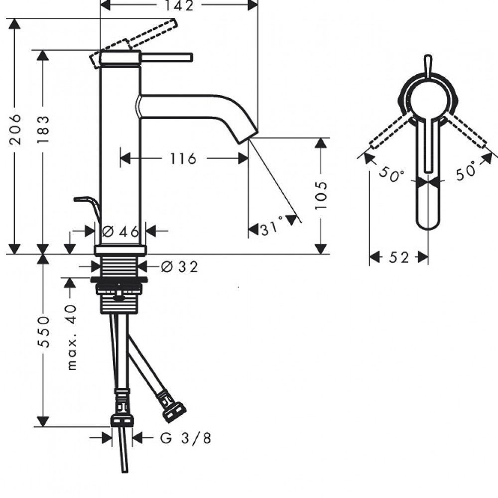 Смеситель для раковины Hansgrohe Tecturis S 73310000 с донным клапаном, хром