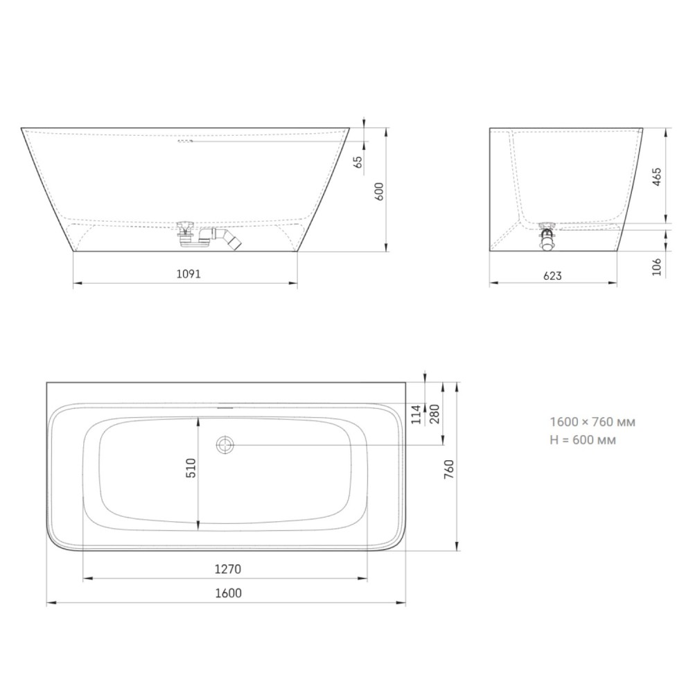 Ванна из искусственного камня PAA Quadro Wall VAQUA/00 160х75см, пристенная, белый глянец