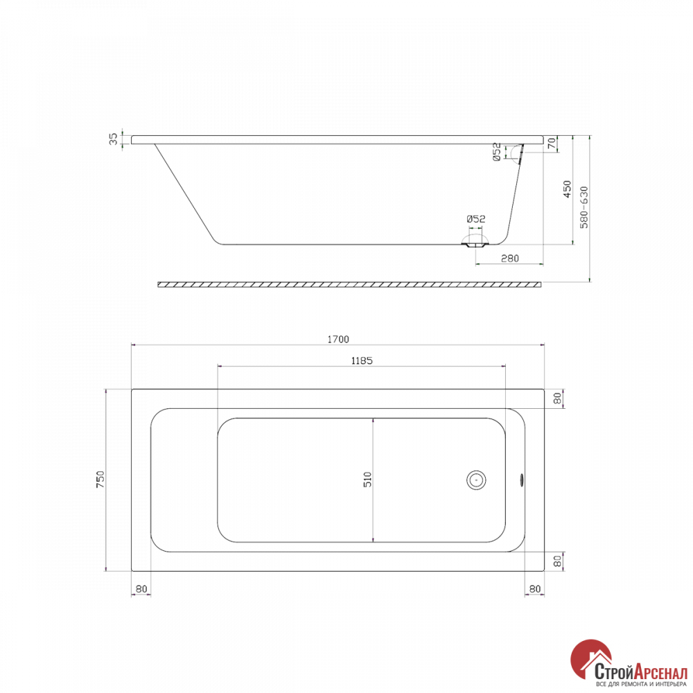 Акрилова ванна Kolo Modo XWP1170000 прямокутна 170х75+sn7