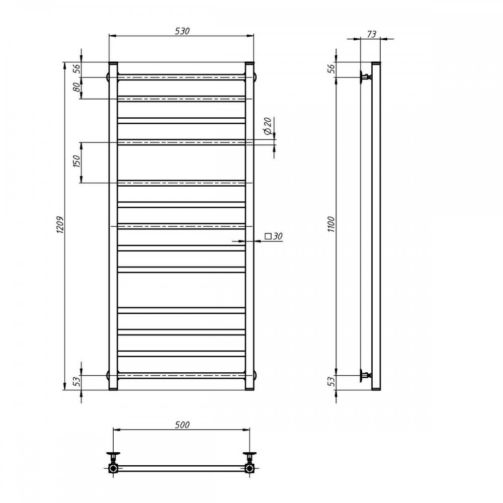 Полотенцесушитель Классик Квадро 500х1200 водяной
