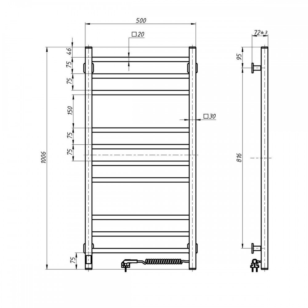 Полотенцесушитель Loft 500х1000 Sensor правый с таймером, белый