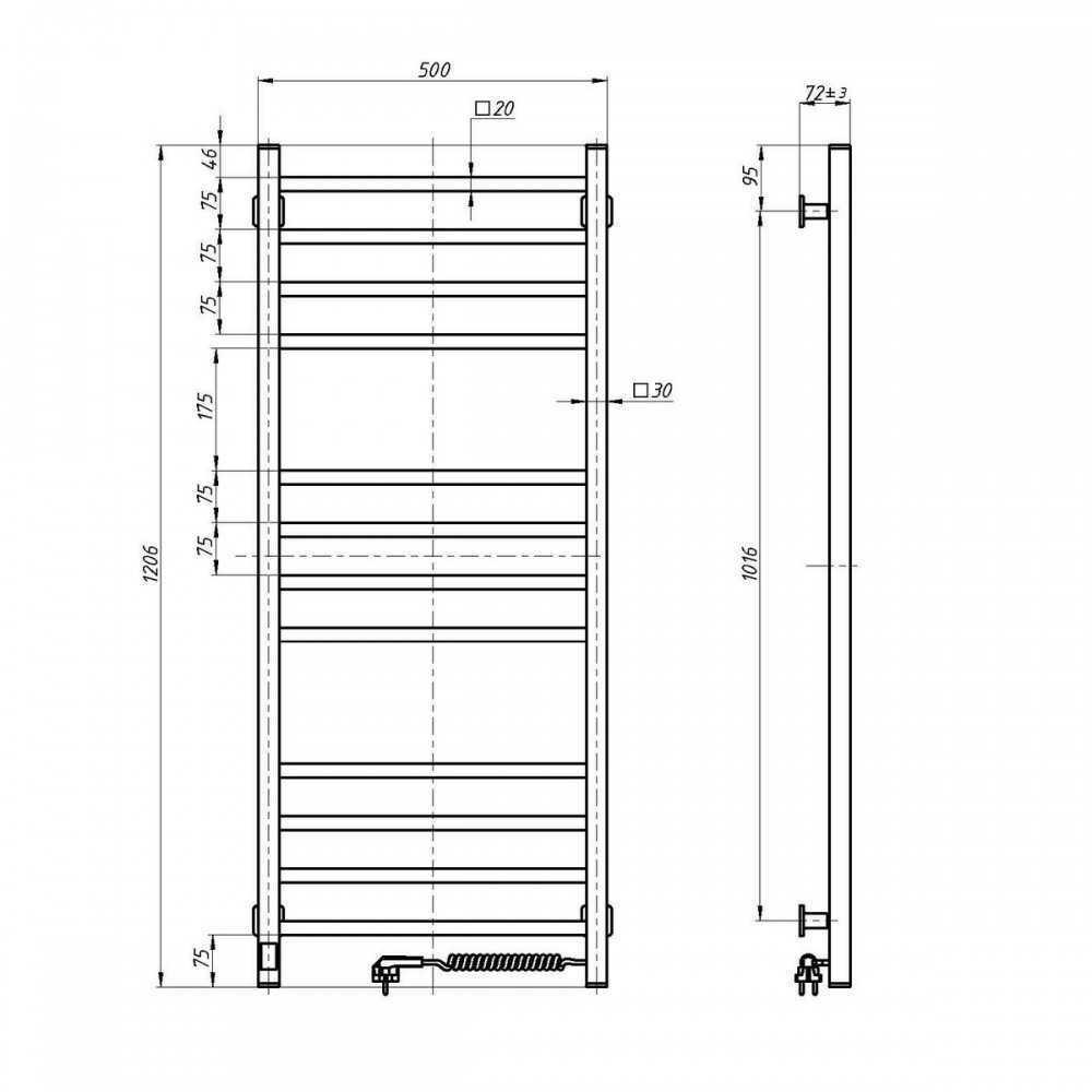 Полотенцесушитель Loft 500х1200 Sensor правый с таймером, белый