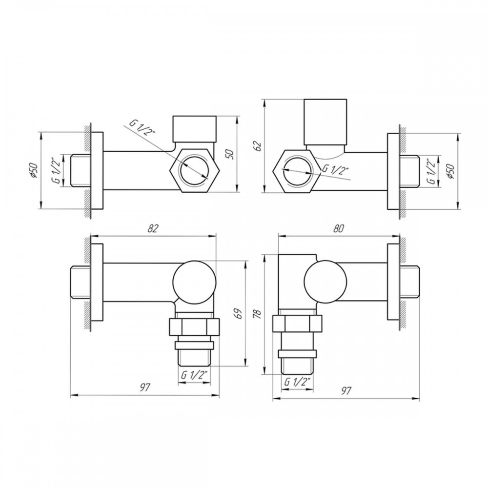 Кран угловой под ТЭН 1/2"х1/2", бронза, 2шт.